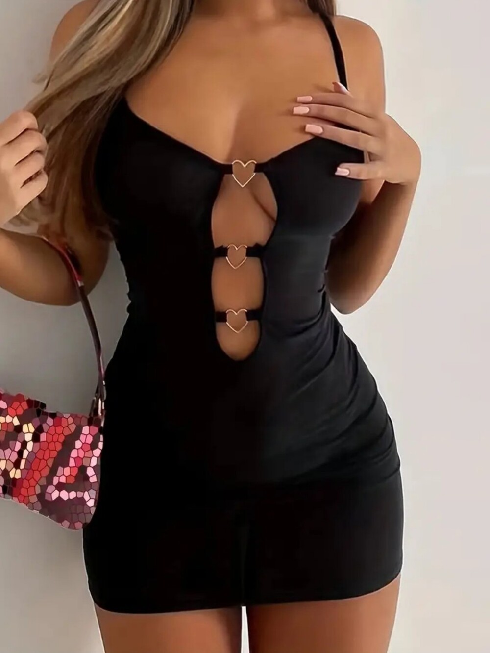 Heart-Accent Black Bodycon Mini Dress